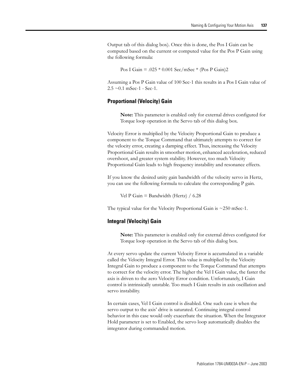 Proportional (velocity) gain, Integral (velocity) gain | Rockwell Automation 1784-PM16SE SoftLogix Motion Card Setup and Configuration Manual User Manual | Page 145 / 451