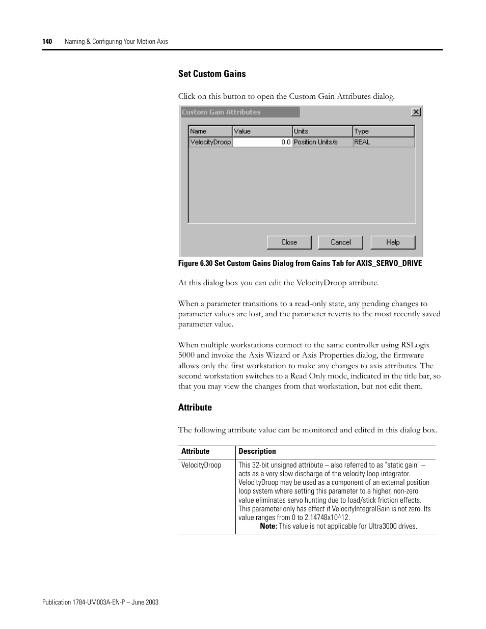 Set custom gains, Attribute | Rockwell Automation 1784-PM16SE SoftLogix Motion Card Setup and Configuration Manual User Manual | Page 148 / 451