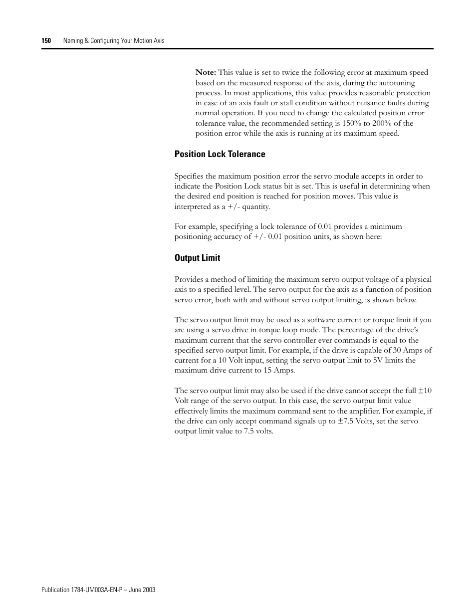 Position lock tolerance, Output limit | Rockwell Automation 1784-PM16SE SoftLogix Motion Card Setup and Configuration Manual User Manual | Page 158 / 451