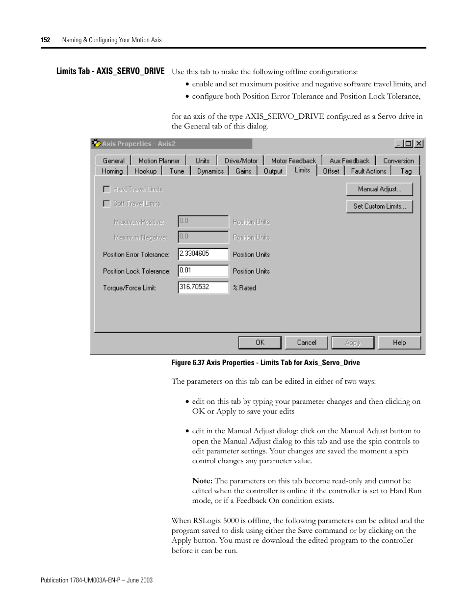 Limits tab - axis_servo_drive | Rockwell Automation 1784-PM16SE SoftLogix Motion Card Setup and Configuration Manual User Manual | Page 160 / 451