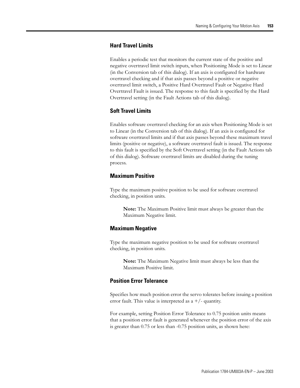 Hard travel limits, Soft travel limits, Maximum positive | Maximum negative, Position error tolerance | Rockwell Automation 1784-PM16SE SoftLogix Motion Card Setup and Configuration Manual User Manual | Page 161 / 451