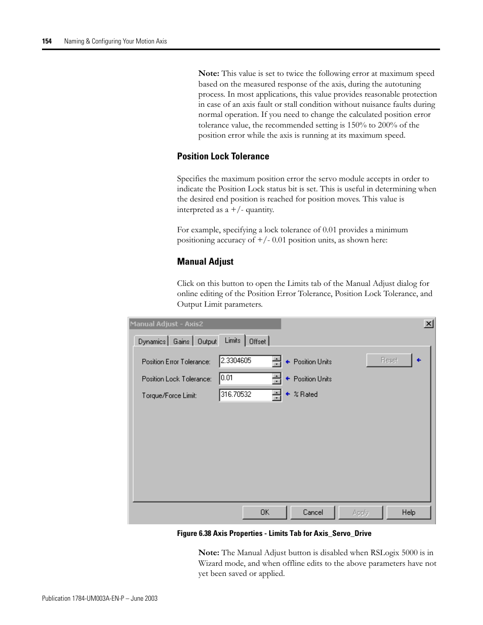 Position lock tolerance, Manual adjust | Rockwell Automation 1784-PM16SE SoftLogix Motion Card Setup and Configuration Manual User Manual | Page 162 / 451