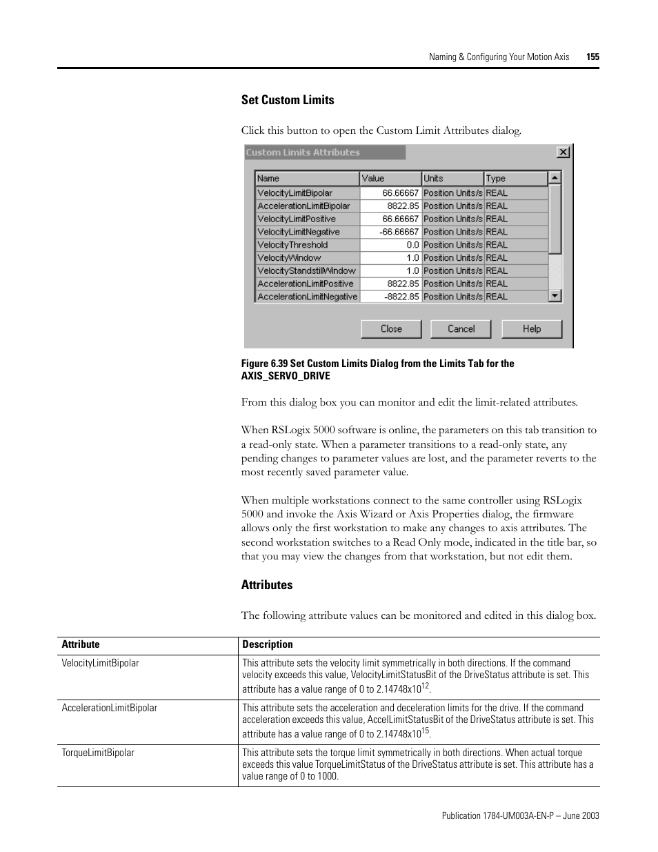 Set custom limits, Attributes | Rockwell Automation 1784-PM16SE SoftLogix Motion Card Setup and Configuration Manual User Manual | Page 163 / 451