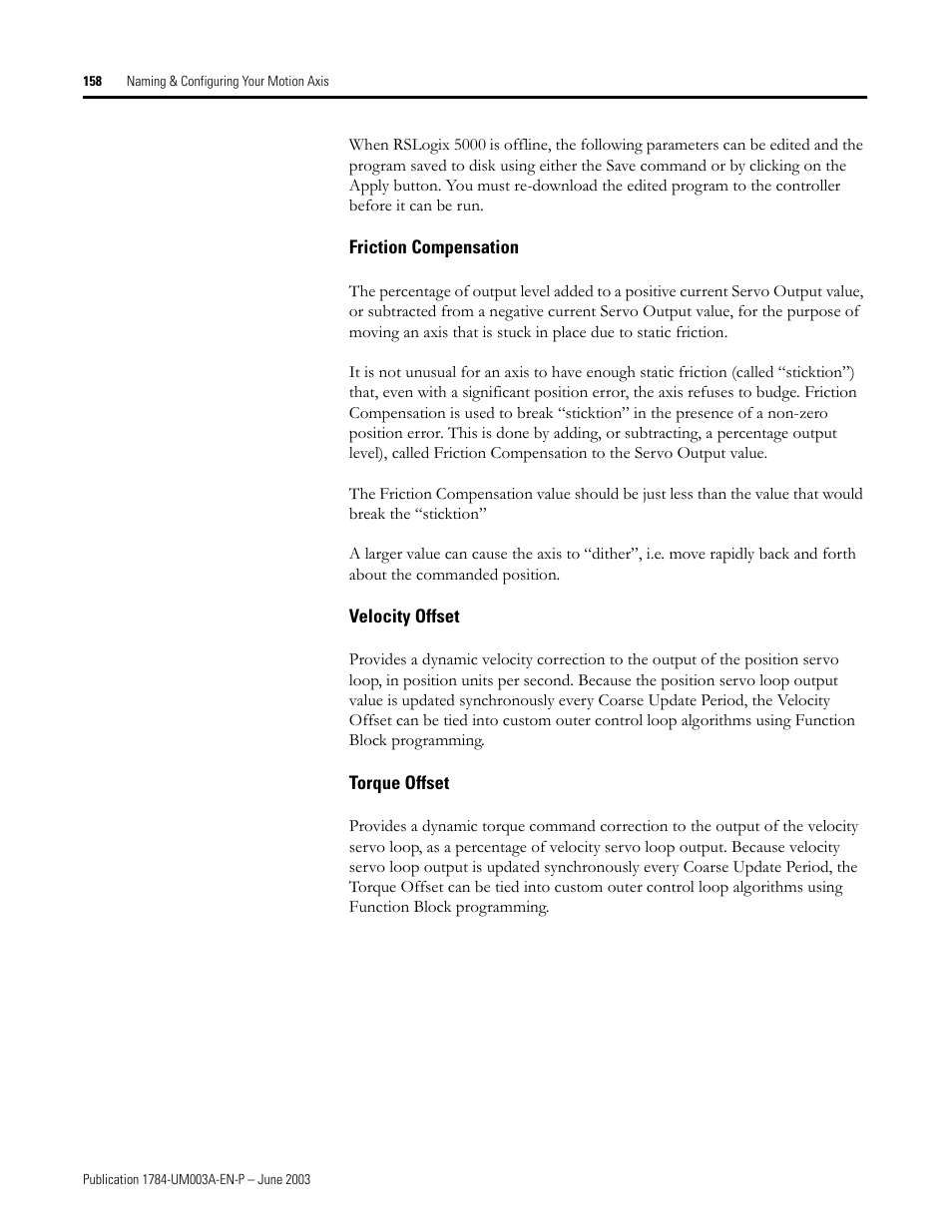 Friction compensation, Velocity offset, Torque offset | Rockwell Automation 1784-PM16SE SoftLogix Motion Card Setup and Configuration Manual User Manual | Page 166 / 451