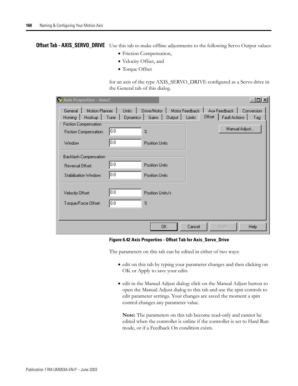 Offset tab - axis_servo_drive | Rockwell Automation 1784-PM16SE SoftLogix Motion Card Setup and Configuration Manual User Manual | Page 168 / 451