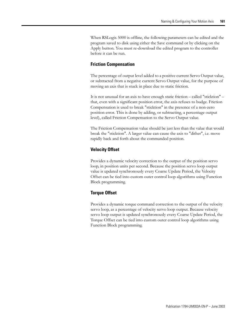 Friction compensation, Velocity offset, Torque offset | Rockwell Automation 1784-PM16SE SoftLogix Motion Card Setup and Configuration Manual User Manual | Page 169 / 451