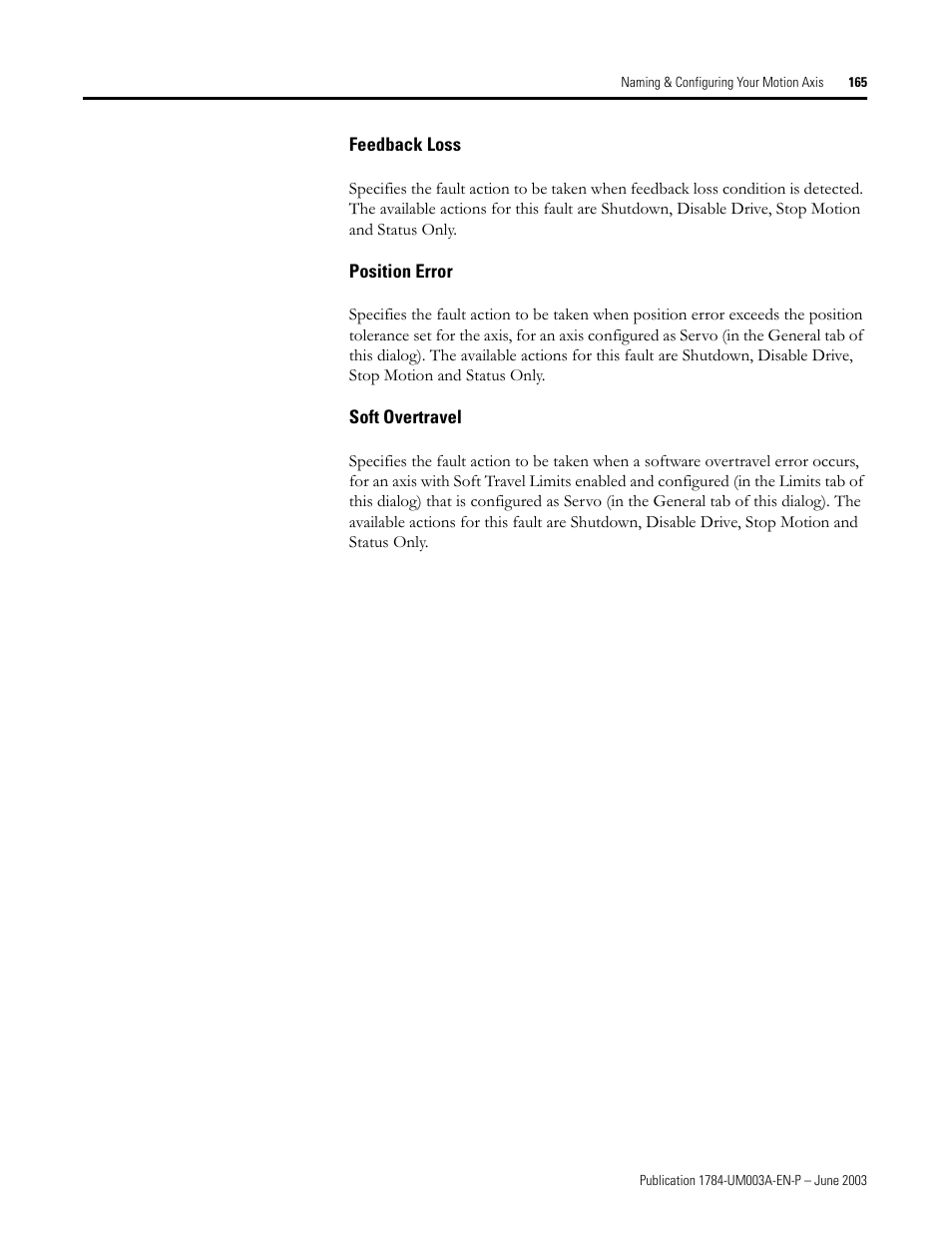 Feedback loss, Position error, Soft overtravel | Rockwell Automation 1784-PM16SE SoftLogix Motion Card Setup and Configuration Manual User Manual | Page 173 / 451