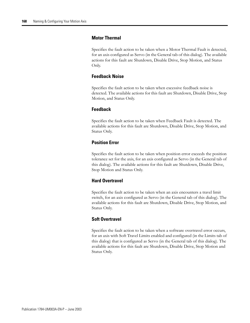 Motor thermal, Feedback noise, Feedback | Position error, Hard overtravel, Soft overtravel | Rockwell Automation 1784-PM16SE SoftLogix Motion Card Setup and Configuration Manual User Manual | Page 176 / 451