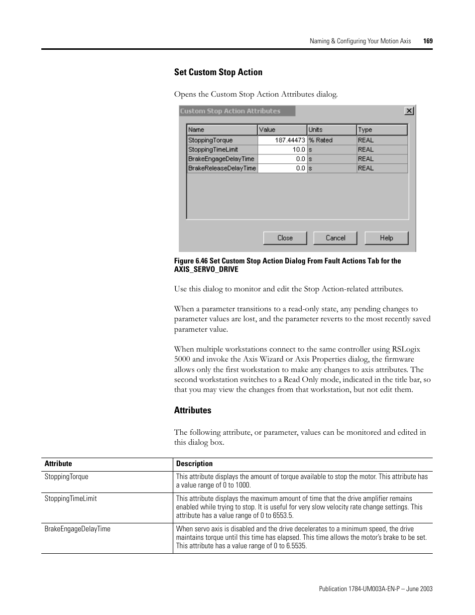 Set custom stop action, Attributes | Rockwell Automation 1784-PM16SE SoftLogix Motion Card Setup and Configuration Manual User Manual | Page 177 / 451