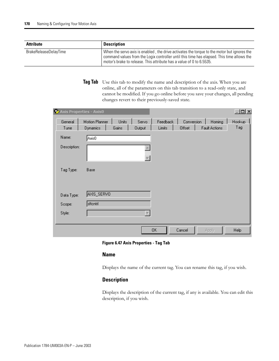 Tag tab, Name, Description | Rockwell Automation 1784-PM16SE SoftLogix Motion Card Setup and Configuration Manual User Manual | Page 178 / 451