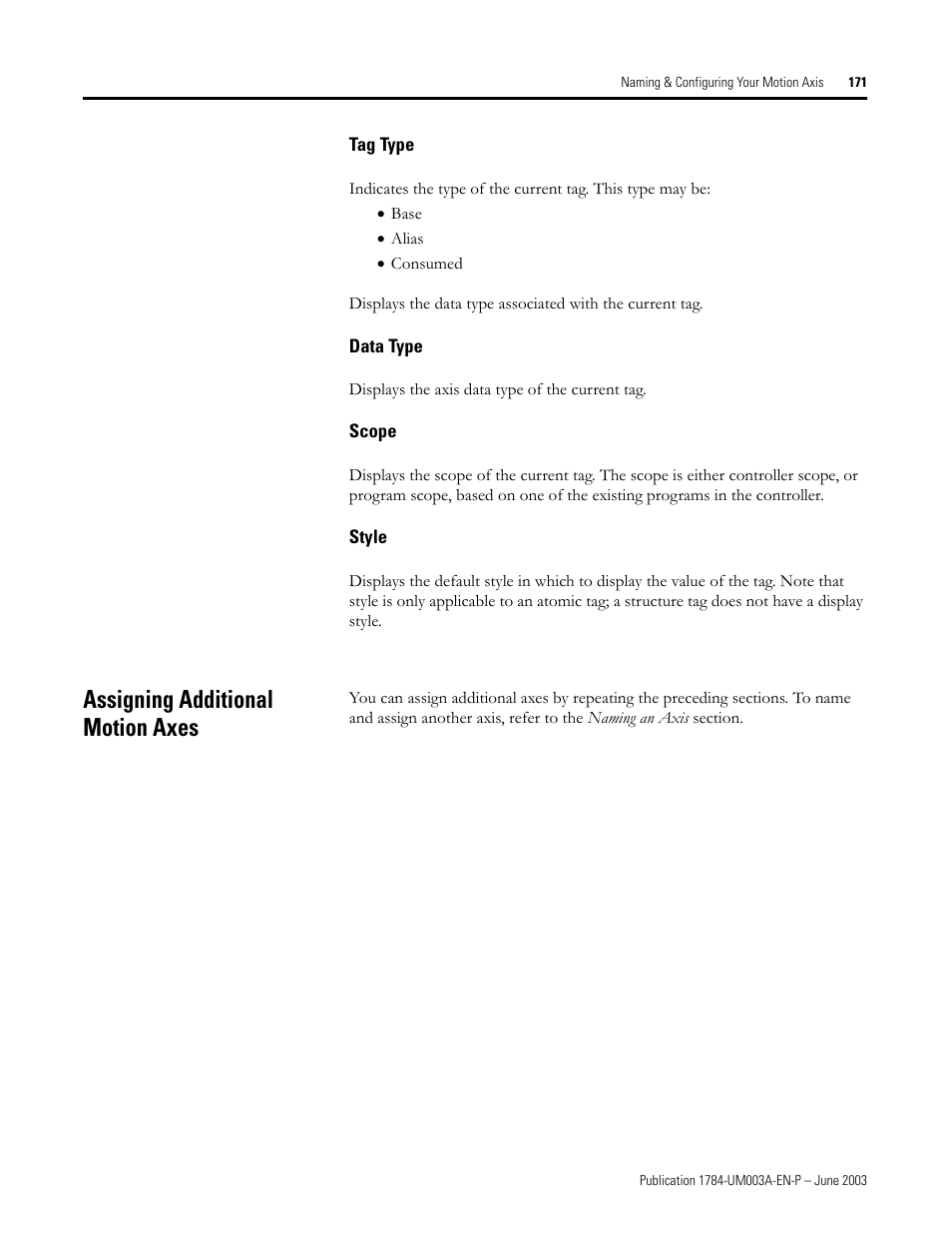 Tag type, Data type, Scope | Style, Assigning additional motion axes | Rockwell Automation 1784-PM16SE SoftLogix Motion Card Setup and Configuration Manual User Manual | Page 179 / 451