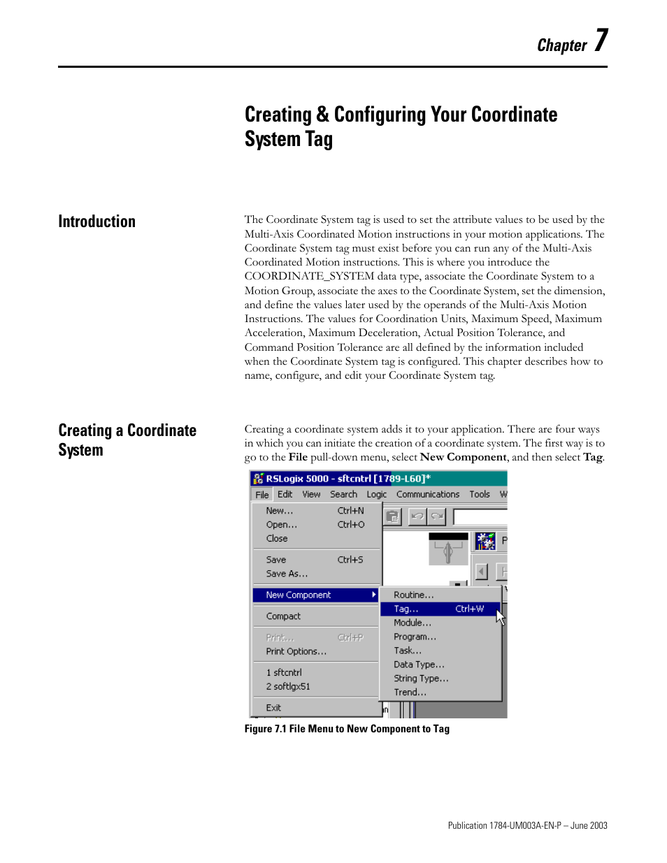 Chapter 7, Creating & configuring your coordinate system tag, Introduction | Creating a coordinate system, Introduction creating a coordinate system | Rockwell Automation 1784-PM16SE SoftLogix Motion Card Setup and Configuration Manual User Manual | Page 181 / 451