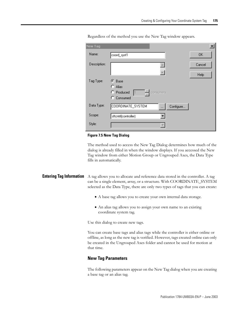 Entering tag information, New tag parameters | Rockwell Automation 1784-PM16SE SoftLogix Motion Card Setup and Configuration Manual User Manual | Page 183 / 451
