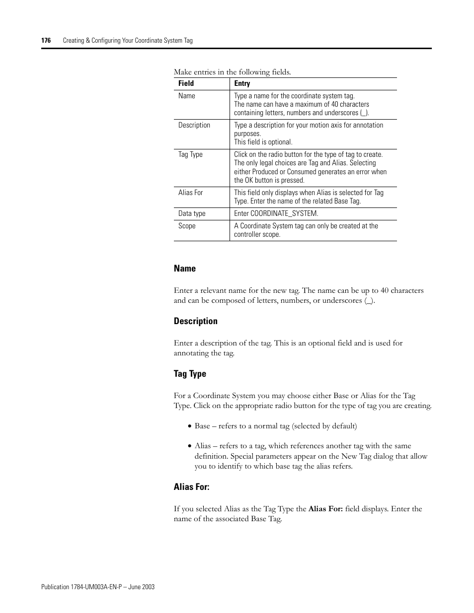Name, Description, Tag type | Alias for | Rockwell Automation 1784-PM16SE SoftLogix Motion Card Setup and Configuration Manual User Manual | Page 184 / 451
