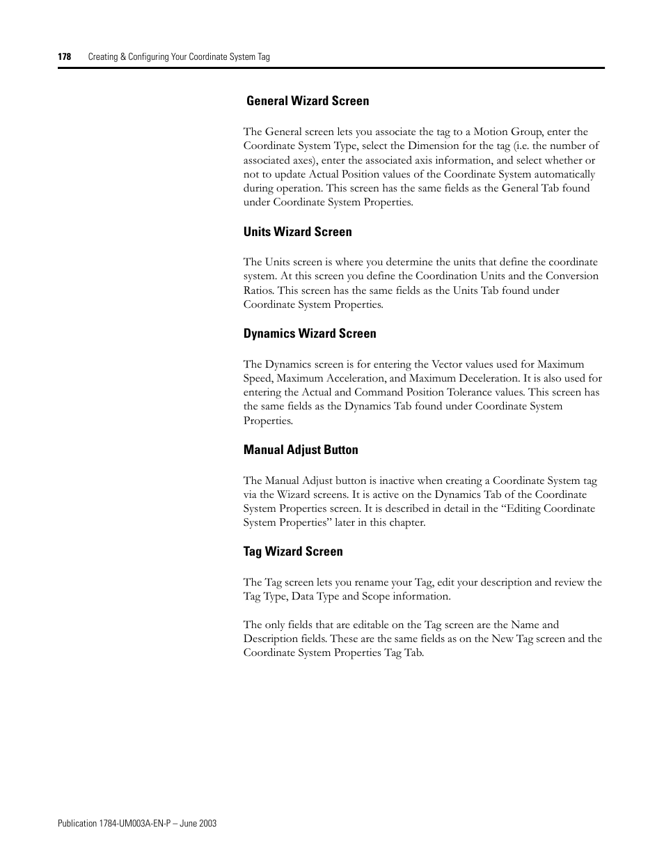 General wizard screen, Units wizard screen, Dynamics wizard screen | Manual adjust button, Tag wizard screen | Rockwell Automation 1784-PM16SE SoftLogix Motion Card Setup and Configuration Manual User Manual | Page 186 / 451