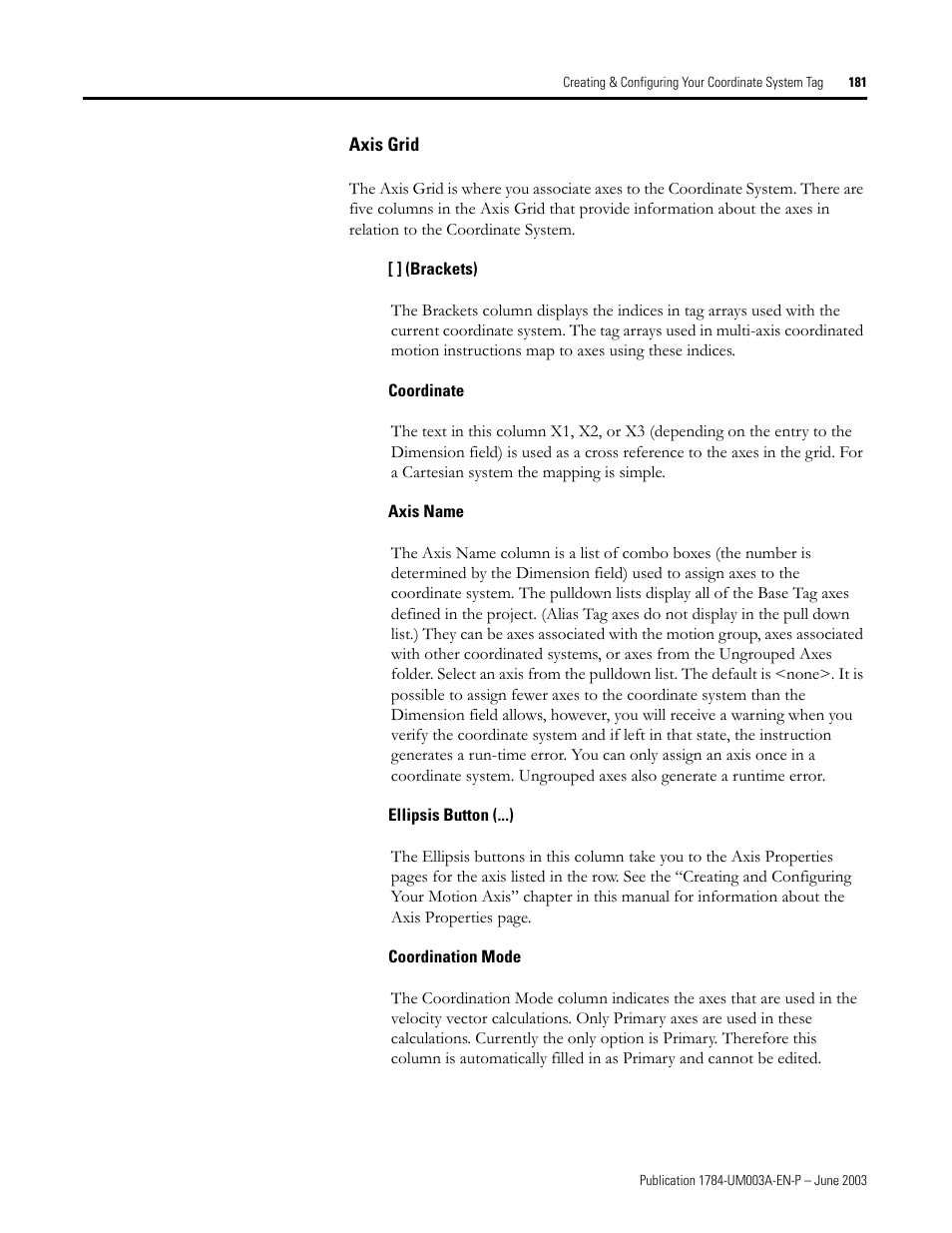 Axis grid, Brackets), Coordinate | Axis name, Ellipsis button (...), Coordination mode | Rockwell Automation 1784-PM16SE SoftLogix Motion Card Setup and Configuration Manual User Manual | Page 189 / 451