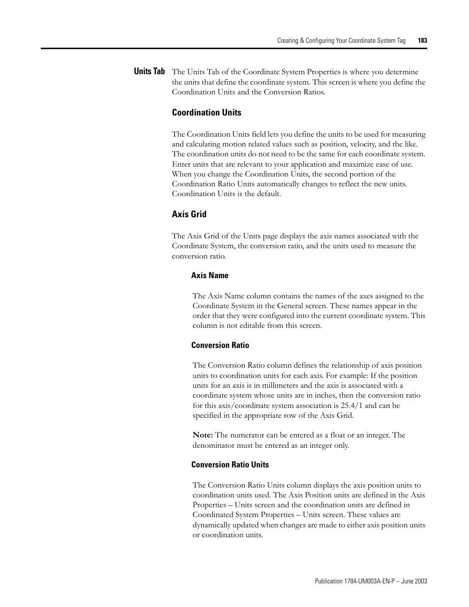 Units tab, Coordination units, Axis grid | Axis name, Conversion ratio, Conversion ratio units | Rockwell Automation 1784-PM16SE SoftLogix Motion Card Setup and Configuration Manual User Manual | Page 191 / 451