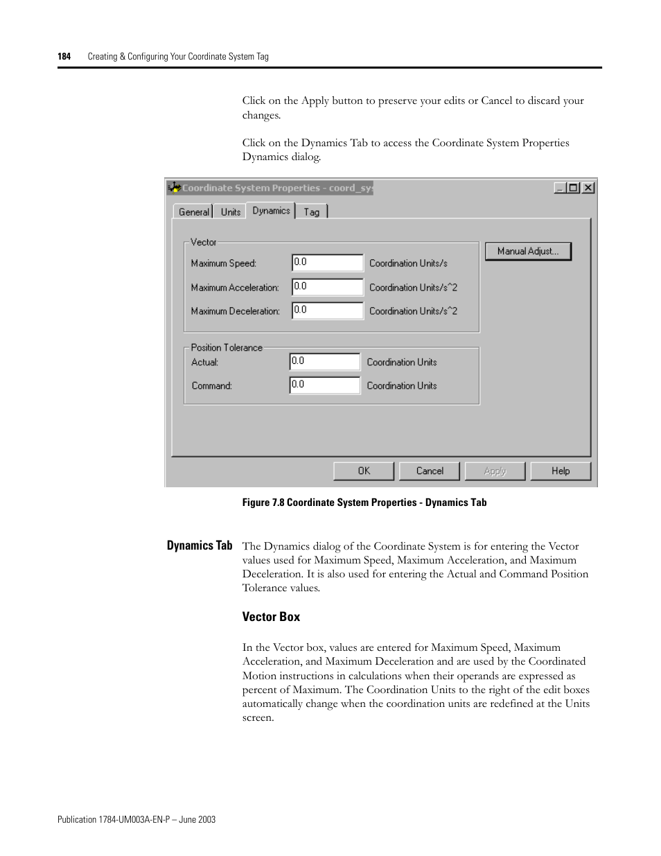 Dynamics tab, Vector box | Rockwell Automation 1784-PM16SE SoftLogix Motion Card Setup and Configuration Manual User Manual | Page 192 / 451