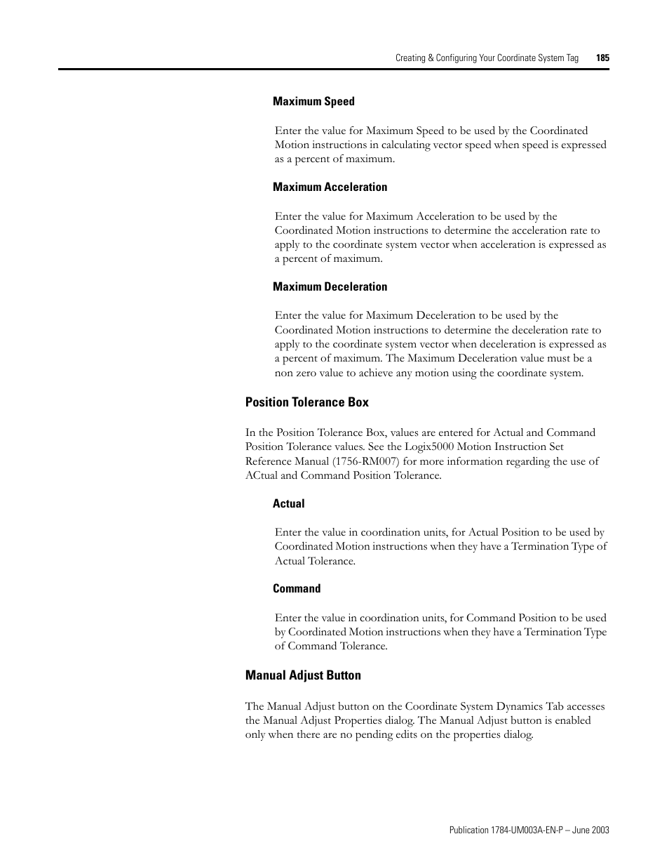 Maximum speed, Maximum acceleration, Maximum deceleration | Position tolerance box, Actual, Command, Manual adjust button | Rockwell Automation 1784-PM16SE SoftLogix Motion Card Setup and Configuration Manual User Manual | Page 193 / 451