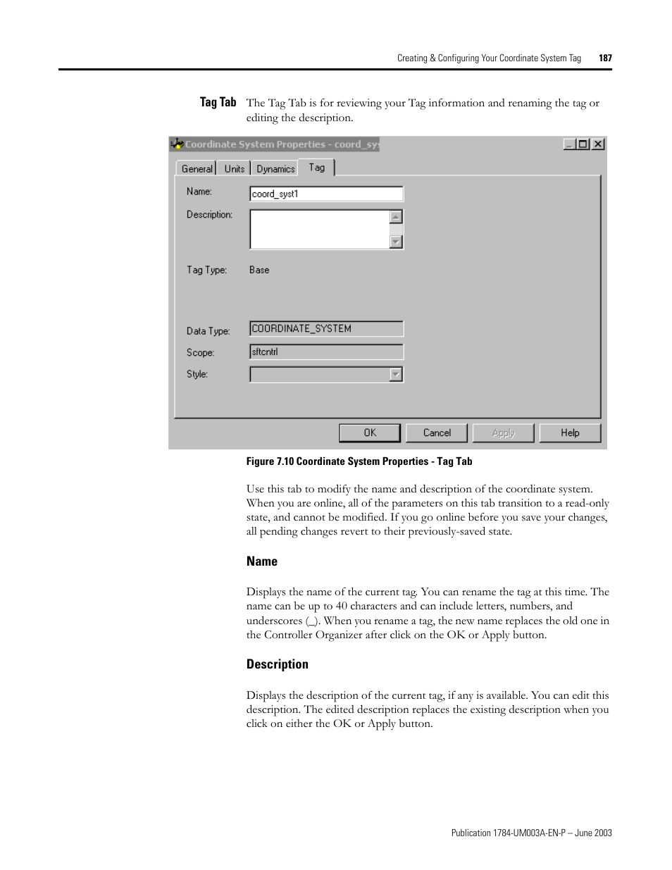 Tag tab, Name, Description | Rockwell Automation 1784-PM16SE SoftLogix Motion Card Setup and Configuration Manual User Manual | Page 195 / 451