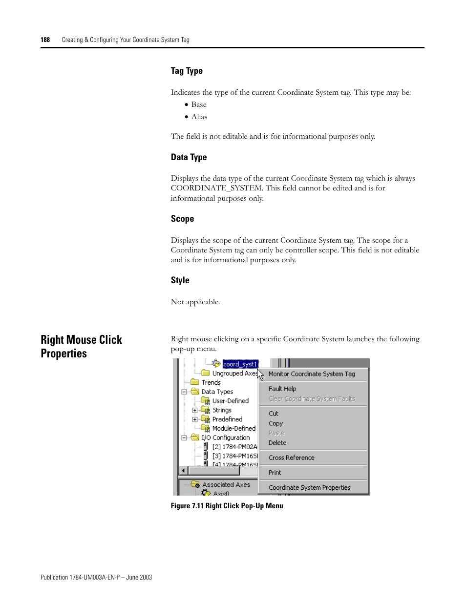 Tag type, Data type, Scope | Style, Right mouse click properties | Rockwell Automation 1784-PM16SE SoftLogix Motion Card Setup and Configuration Manual User Manual | Page 196 / 451