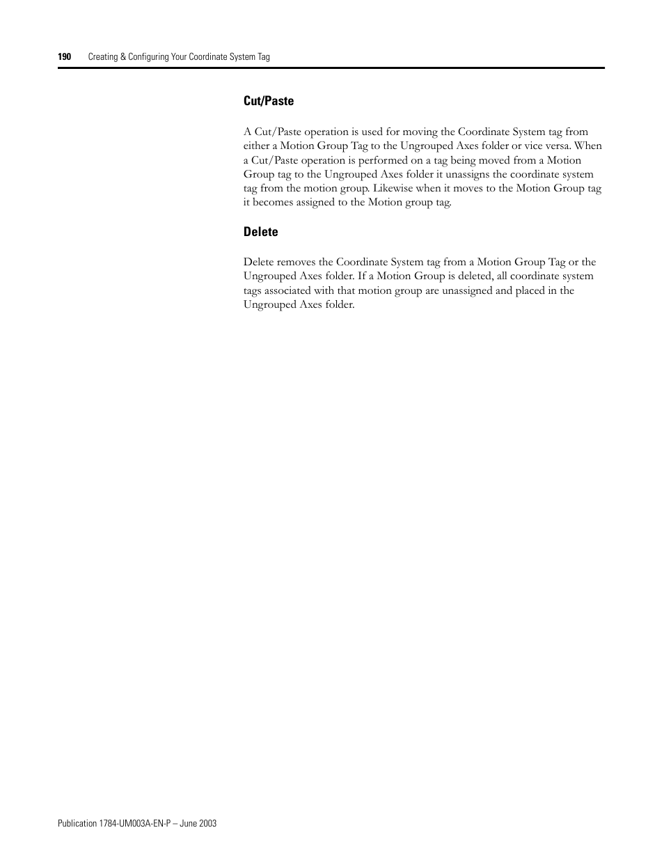 Cut/paste, Delete | Rockwell Automation 1784-PM16SE SoftLogix Motion Card Setup and Configuration Manual User Manual | Page 198 / 451