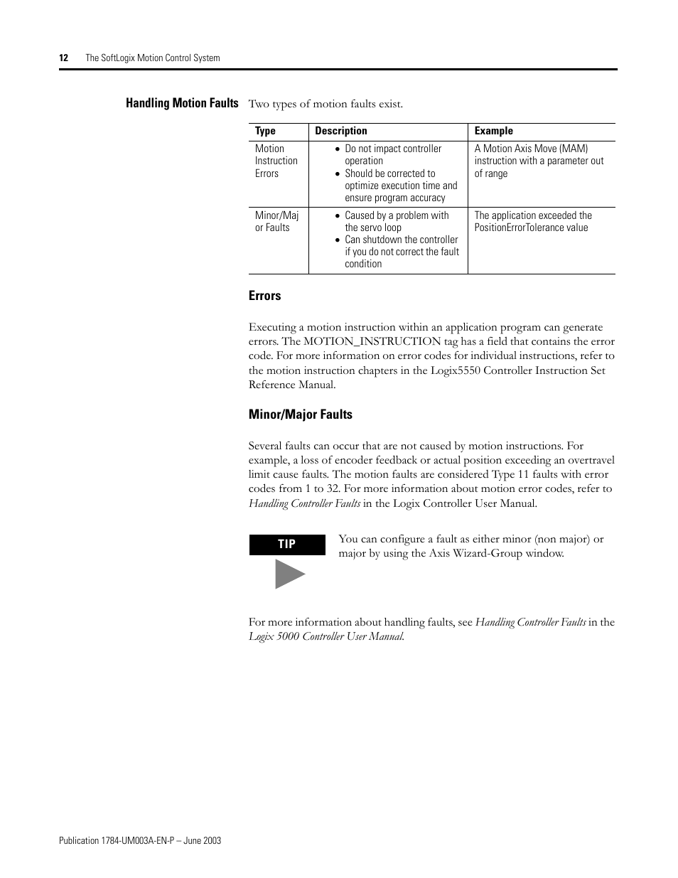 Handling motion faults, Errors, Minor/major faults | Rockwell Automation 1784-PM16SE SoftLogix Motion Card Setup and Configuration Manual User Manual | Page 20 / 451