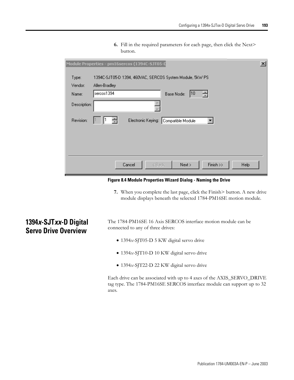 1394x-sjtxx-d digital servo drive overview, 1394 x -sjt xx -d digital servo drive overview | Rockwell Automation 1784-PM16SE SoftLogix Motion Card Setup and Configuration Manual User Manual | Page 201 / 451