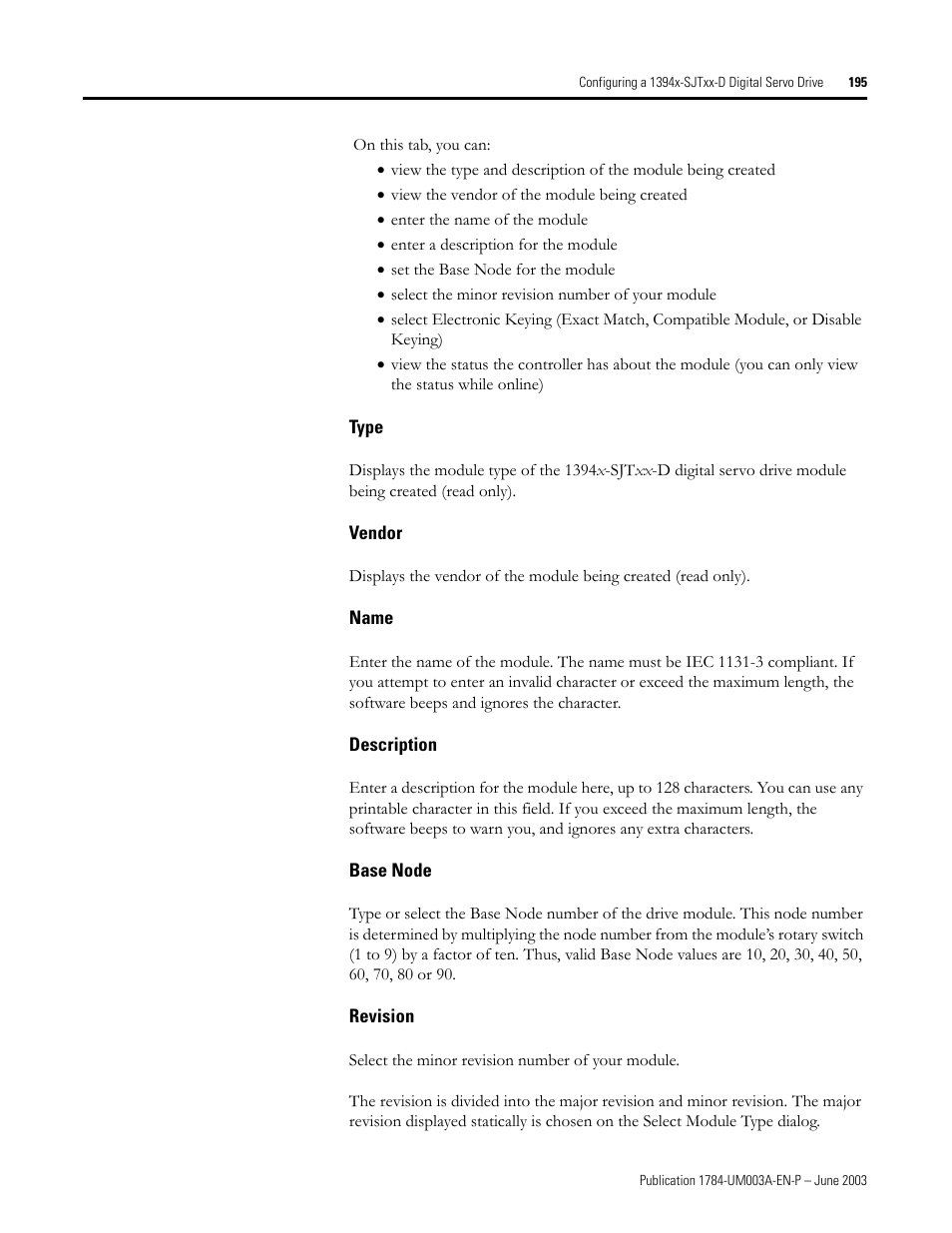 Type, Vendor, Name | Description, Base node, Revision | Rockwell Automation 1784-PM16SE SoftLogix Motion Card Setup and Configuration Manual User Manual | Page 203 / 451