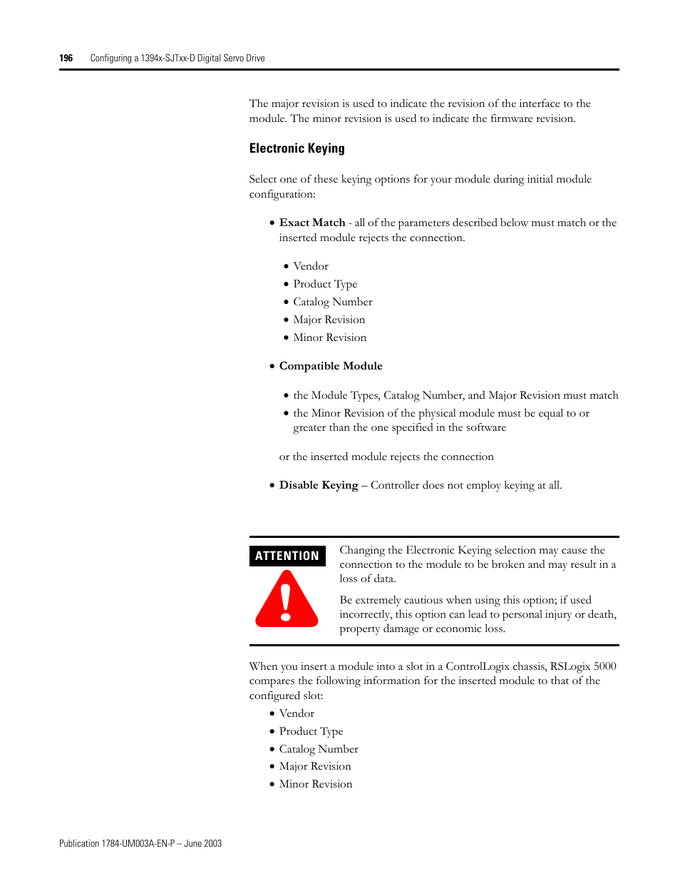 Electronic keying | Rockwell Automation 1784-PM16SE SoftLogix Motion Card Setup and Configuration Manual User Manual | Page 204 / 451