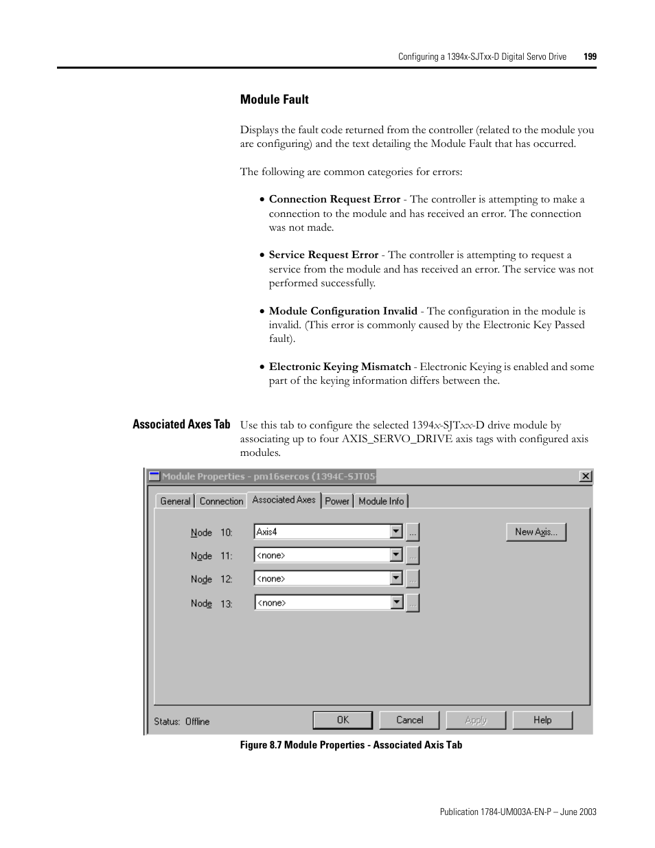 Module fault, Associated axes tab | Rockwell Automation 1784-PM16SE SoftLogix Motion Card Setup and Configuration Manual User Manual | Page 207 / 451