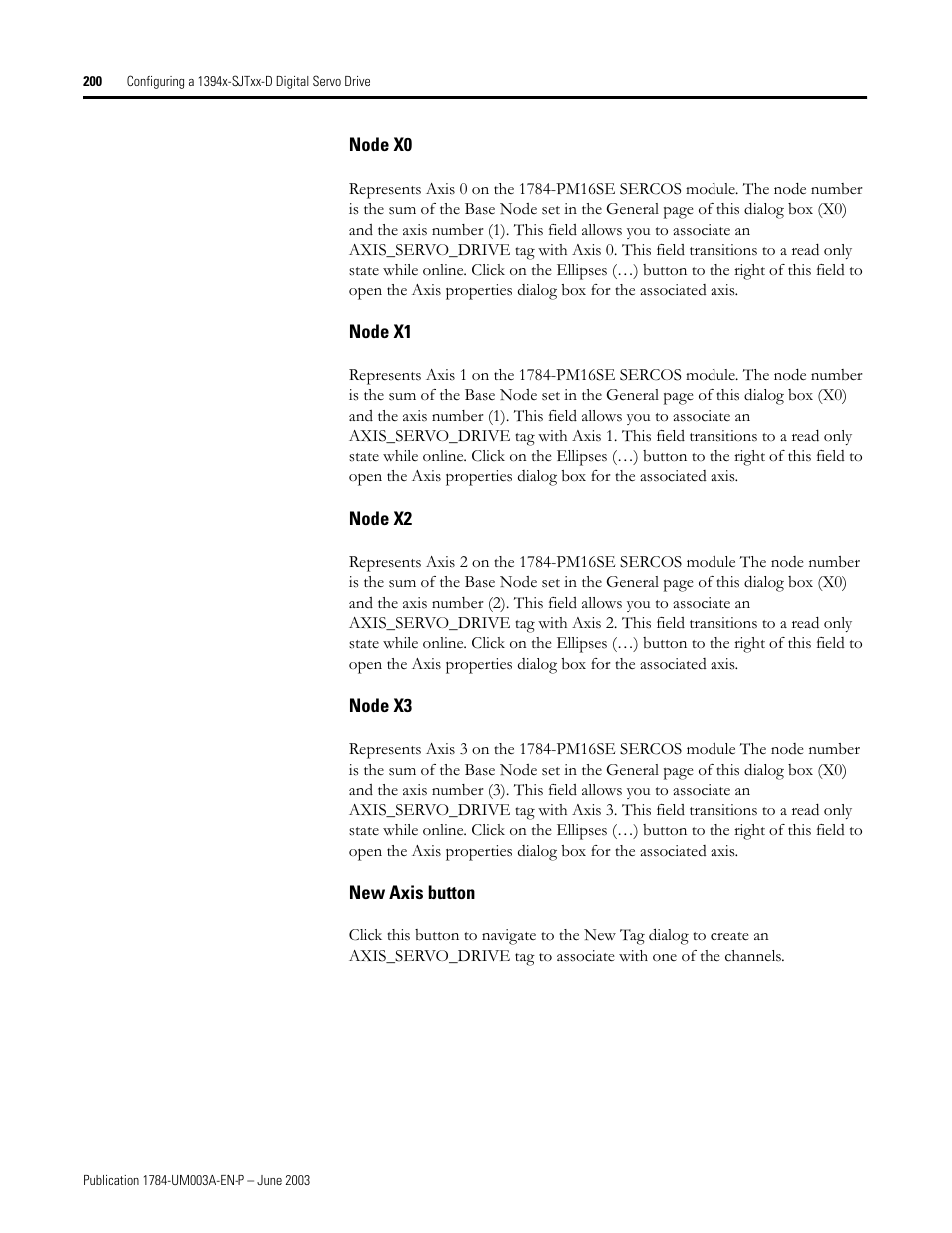 Node x0, Node x1, Node x2 | Node x3, New axis button | Rockwell Automation 1784-PM16SE SoftLogix Motion Card Setup and Configuration Manual User Manual | Page 208 / 451