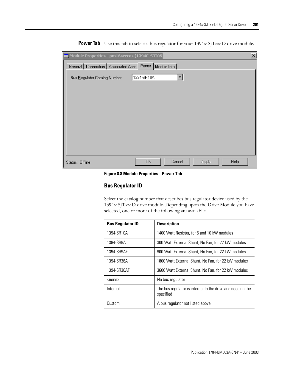 Power tab, Bus regulator id | Rockwell Automation 1784-PM16SE SoftLogix Motion Card Setup and Configuration Manual User Manual | Page 209 / 451