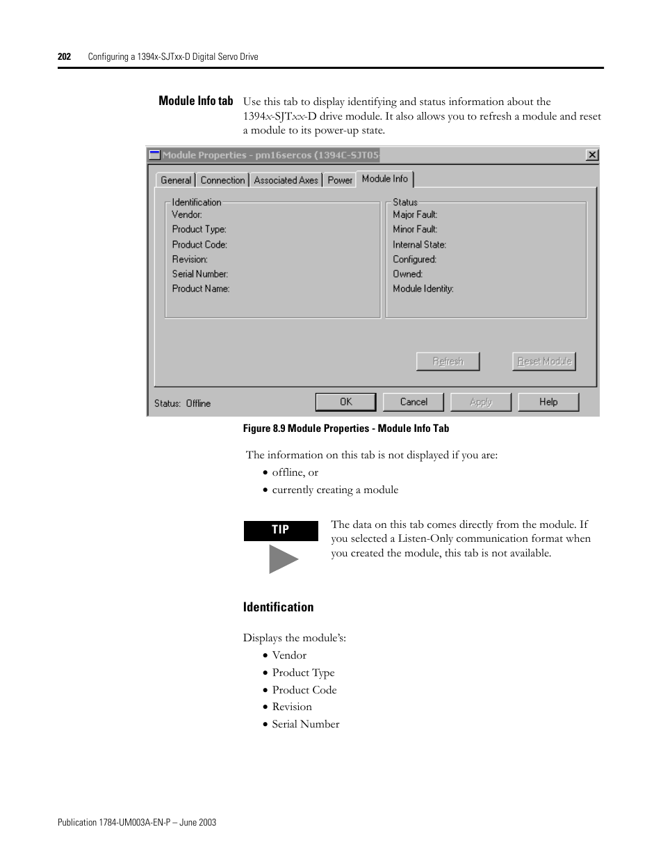 Module info tab, Identification | Rockwell Automation 1784-PM16SE SoftLogix Motion Card Setup and Configuration Manual User Manual | Page 210 / 451