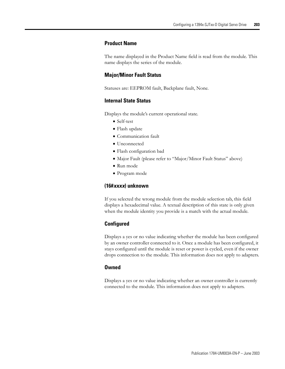 Product name, Major/minor fault status, Internal state status | 16#xxxx) unknown, Configured, Owned | Rockwell Automation 1784-PM16SE SoftLogix Motion Card Setup and Configuration Manual User Manual | Page 211 / 451