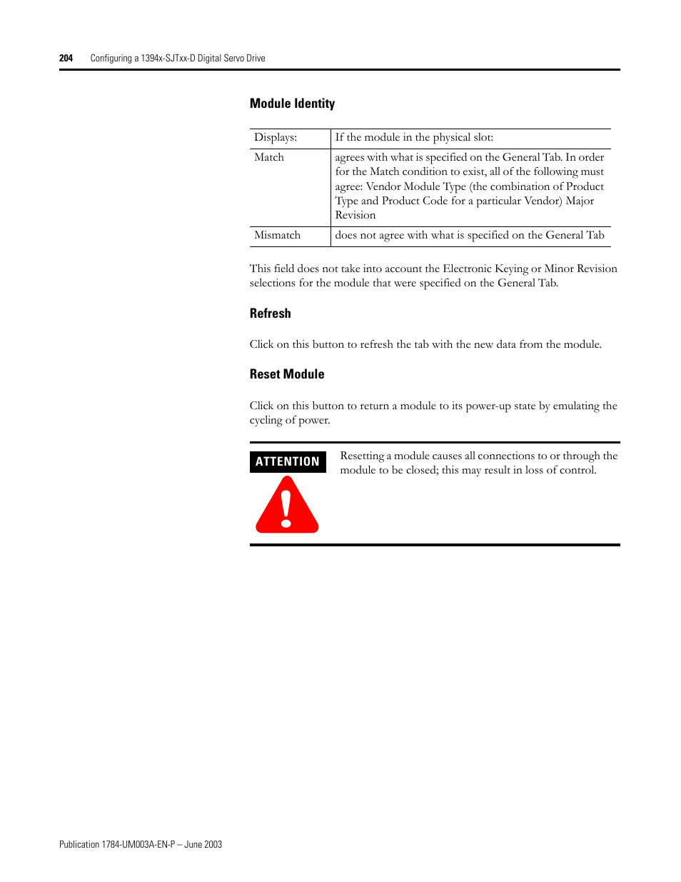 Module identity, Refresh, Reset module | Rockwell Automation 1784-PM16SE SoftLogix Motion Card Setup and Configuration Manual User Manual | Page 212 / 451