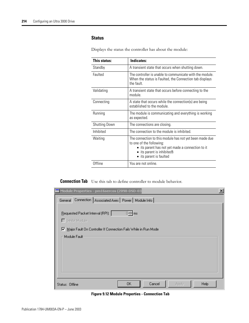 Status, Connection tab | Rockwell Automation 1784-PM16SE SoftLogix Motion Card Setup and Configuration Manual User Manual | Page 222 / 451