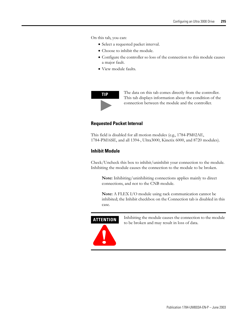 Requested packet interval, Inhibit module | Rockwell Automation 1784-PM16SE SoftLogix Motion Card Setup and Configuration Manual User Manual | Page 223 / 451