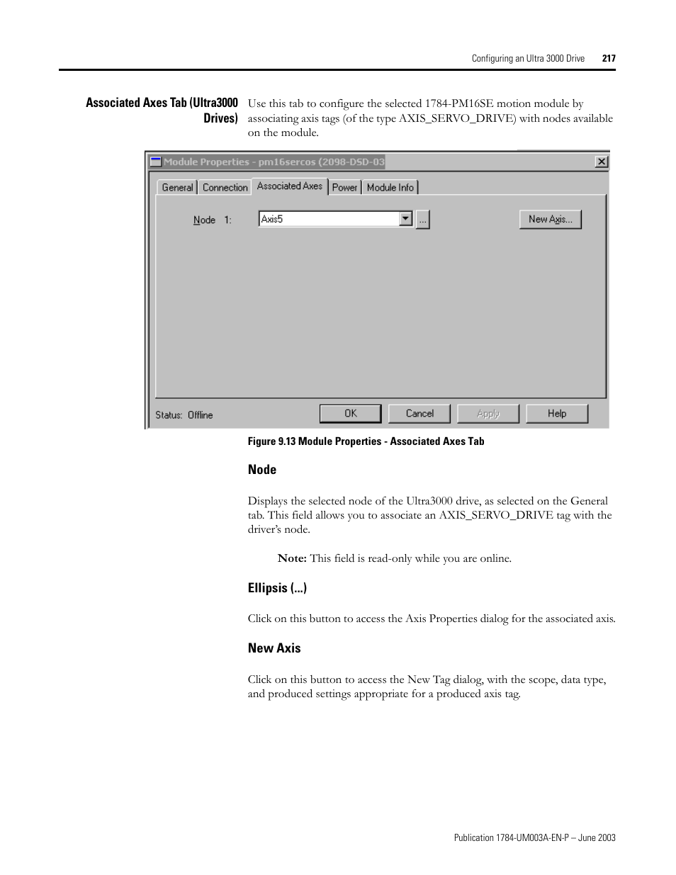 Associated axes tab (ultra3000 drives), Node, Ellipsis (...) | New axis | Rockwell Automation 1784-PM16SE SoftLogix Motion Card Setup and Configuration Manual User Manual | Page 225 / 451