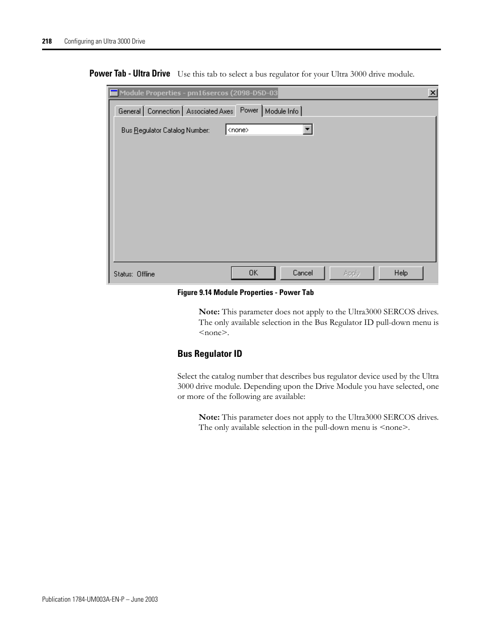 Power tab - ultra drive, Bus regulator id | Rockwell Automation 1784-PM16SE SoftLogix Motion Card Setup and Configuration Manual User Manual | Page 226 / 451