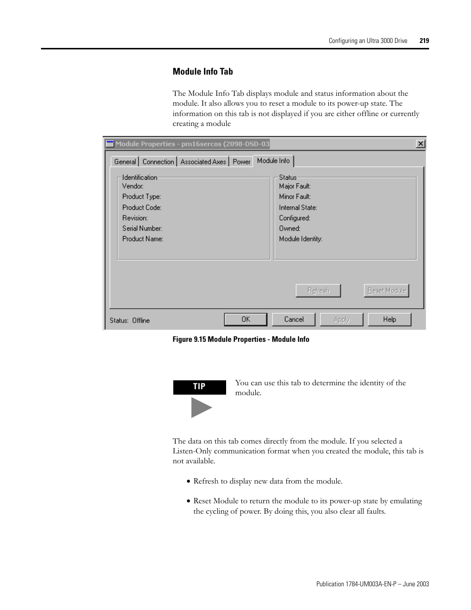 Module info tab | Rockwell Automation 1784-PM16SE SoftLogix Motion Card Setup and Configuration Manual User Manual | Page 227 / 451