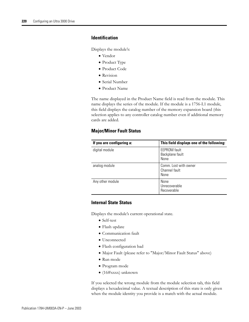 Identification, Major/minor fault status, Internal state status | Rockwell Automation 1784-PM16SE SoftLogix Motion Card Setup and Configuration Manual User Manual | Page 228 / 451