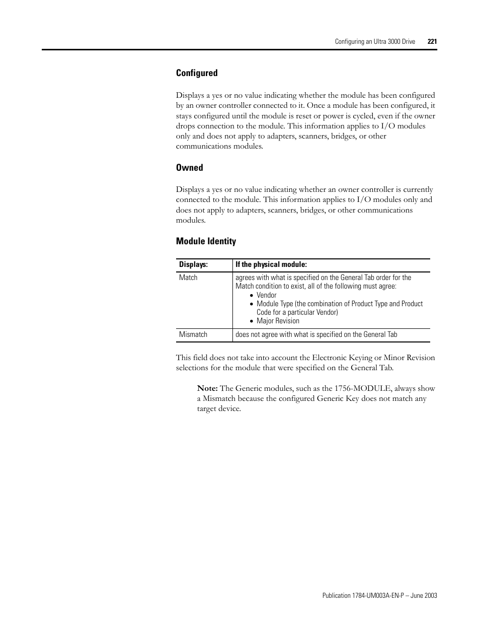 Configured, Owned, Module identity | Rockwell Automation 1784-PM16SE SoftLogix Motion Card Setup and Configuration Manual User Manual | Page 229 / 451