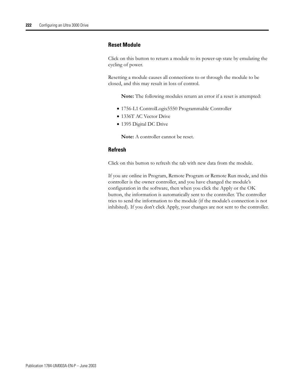 Reset module, Refresh | Rockwell Automation 1784-PM16SE SoftLogix Motion Card Setup and Configuration Manual User Manual | Page 230 / 451