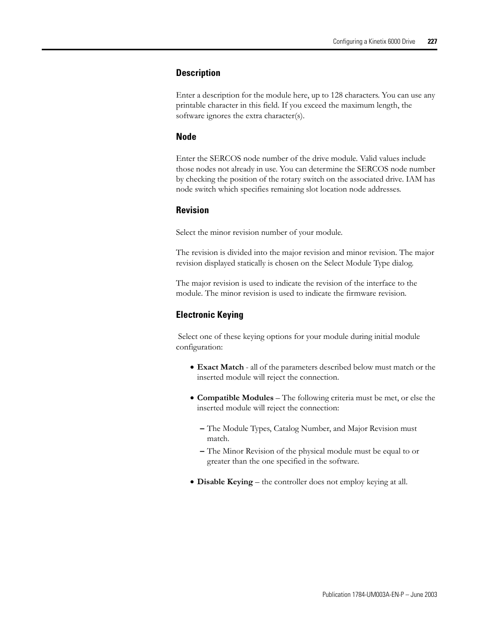 Description, Node, Revision | Electronic keying | Rockwell Automation 1784-PM16SE SoftLogix Motion Card Setup and Configuration Manual User Manual | Page 235 / 451