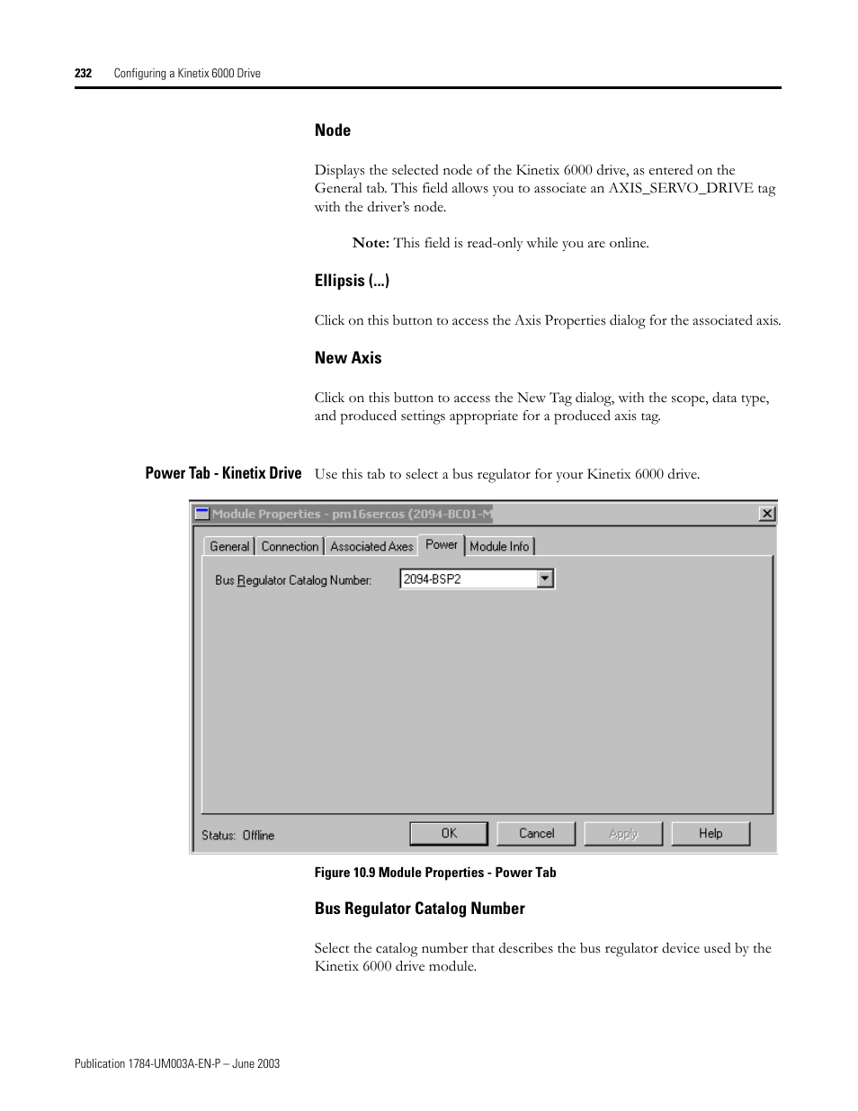 Node, Ellipsis (...), New axis | Power tab - kinetix drive, Bus regulator catalog number | Rockwell Automation 1784-PM16SE SoftLogix Motion Card Setup and Configuration Manual User Manual | Page 240 / 451
