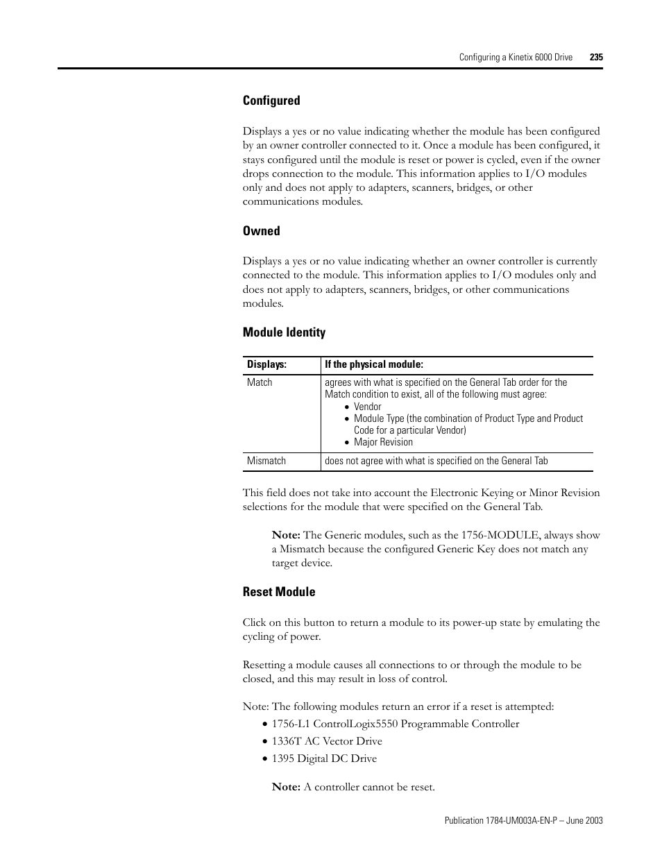 Configured, Owned, Module identity | Reset module | Rockwell Automation 1784-PM16SE SoftLogix Motion Card Setup and Configuration Manual User Manual | Page 243 / 451