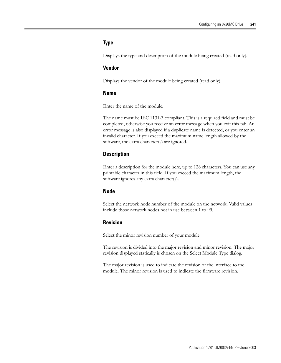 Type, Vendor, Name | Description, Node, Revision | Rockwell Automation 1784-PM16SE SoftLogix Motion Card Setup and Configuration Manual User Manual | Page 249 / 451