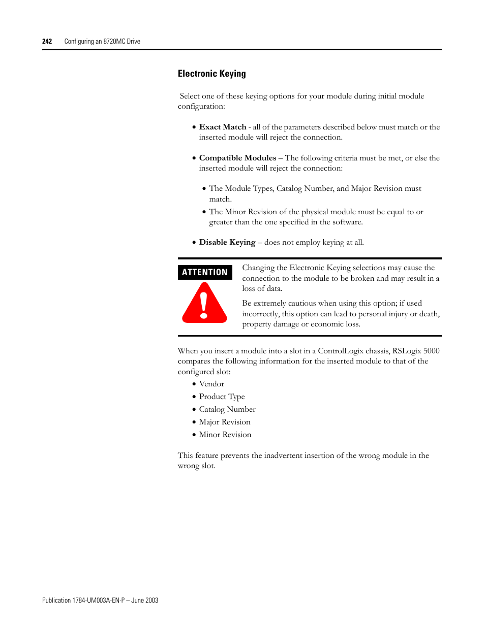 Electronic keying | Rockwell Automation 1784-PM16SE SoftLogix Motion Card Setup and Configuration Manual User Manual | Page 250 / 451