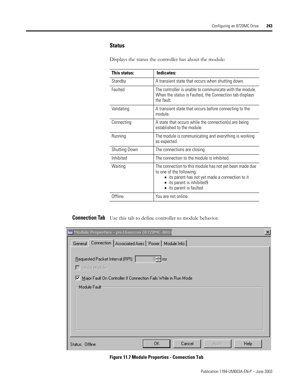 Status, Connection tab | Rockwell Automation 1784-PM16SE SoftLogix Motion Card Setup and Configuration Manual User Manual | Page 251 / 451